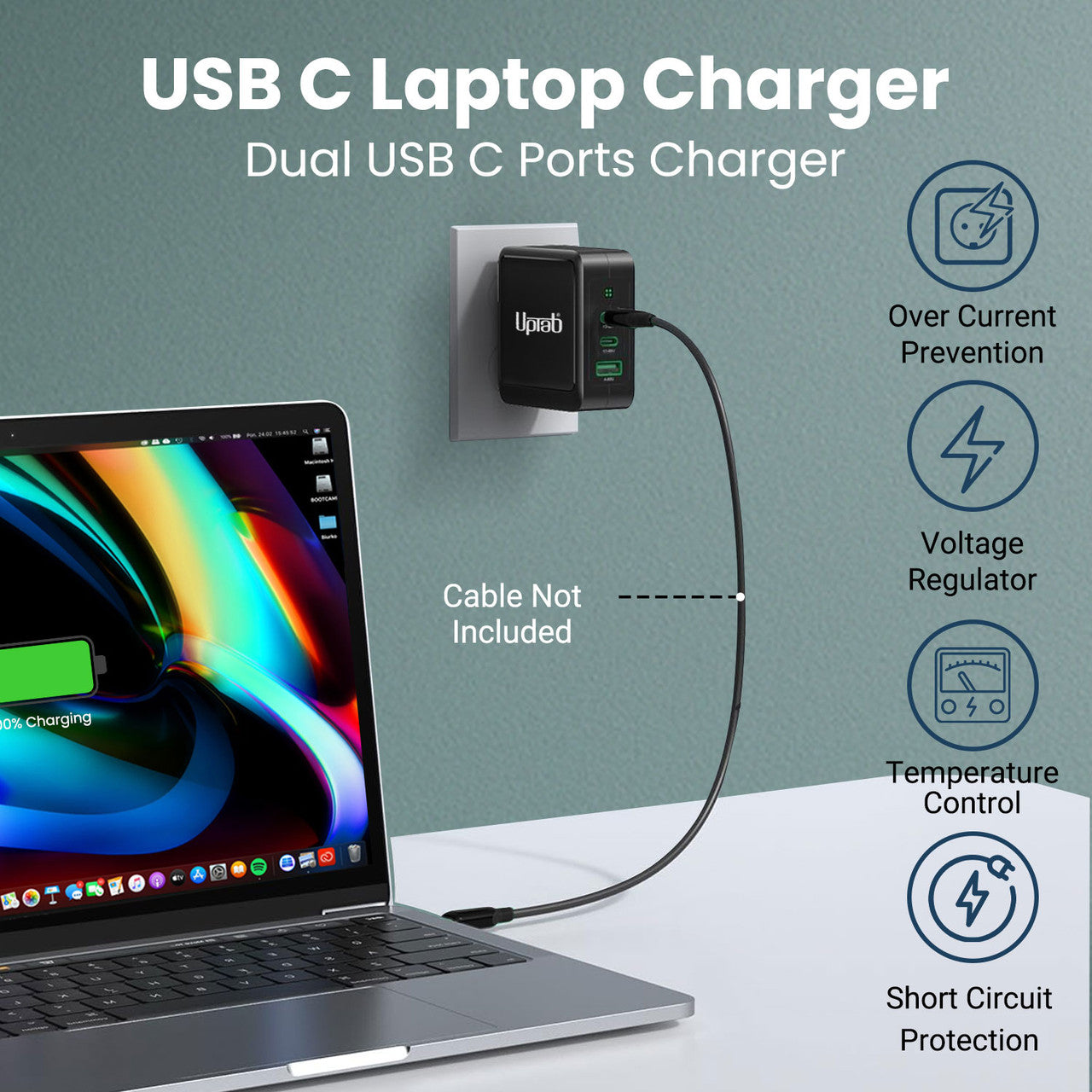 UPTab USB C 140W Laptop Charger, USB-C Fast Charger Compact, Dual USB C Ports GaN Tech, Type C PD 3.1 Wall Charger Adapter – Compatible with MacBook Pro, Lenovo, Dell XPS, iPhone 15 Plus/Pro Max, iPad