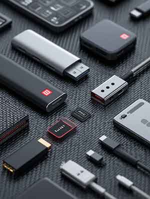 Collection of electronic connectors and adapters on a textured surface