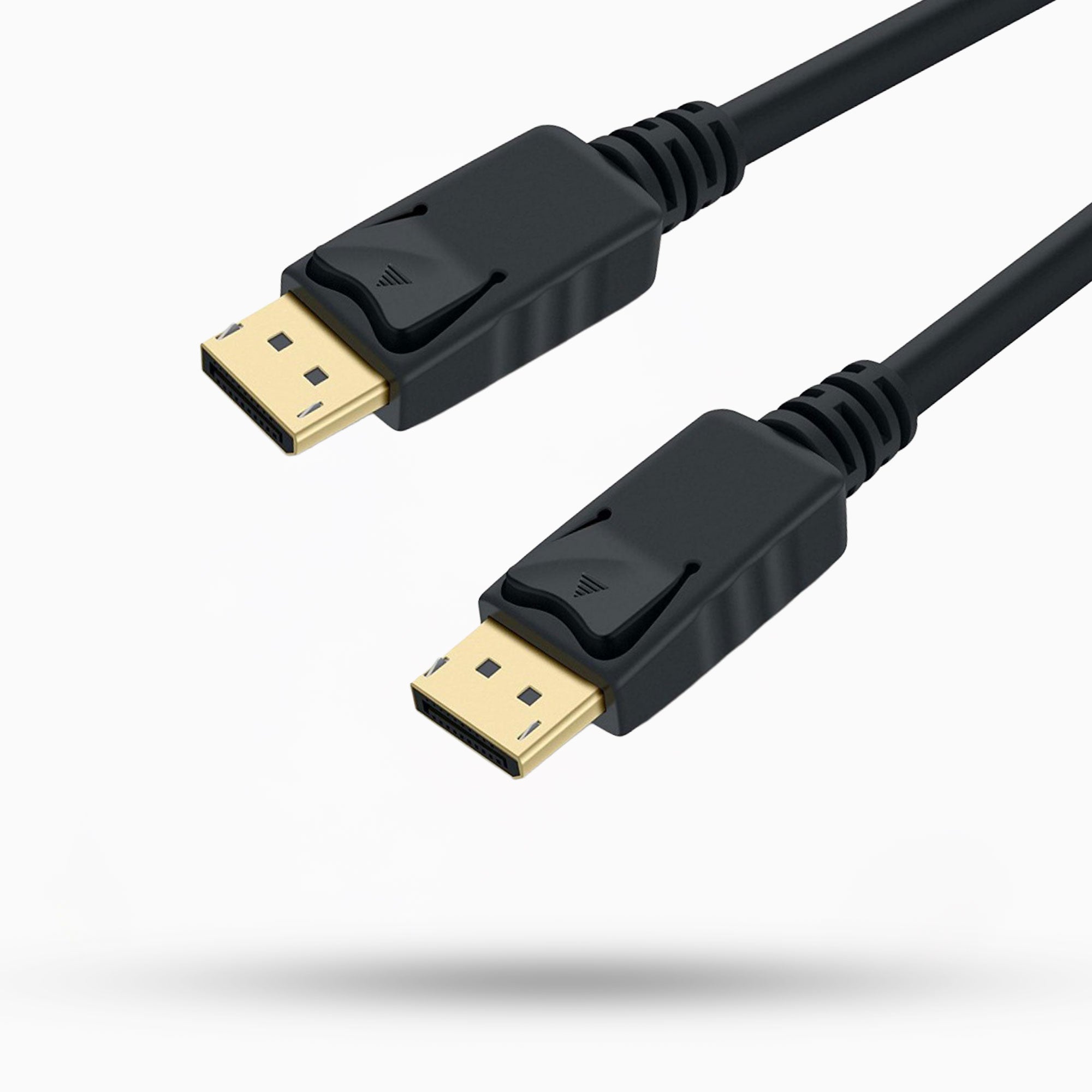 Black DisplayPort cable with gold connectors on a white background
